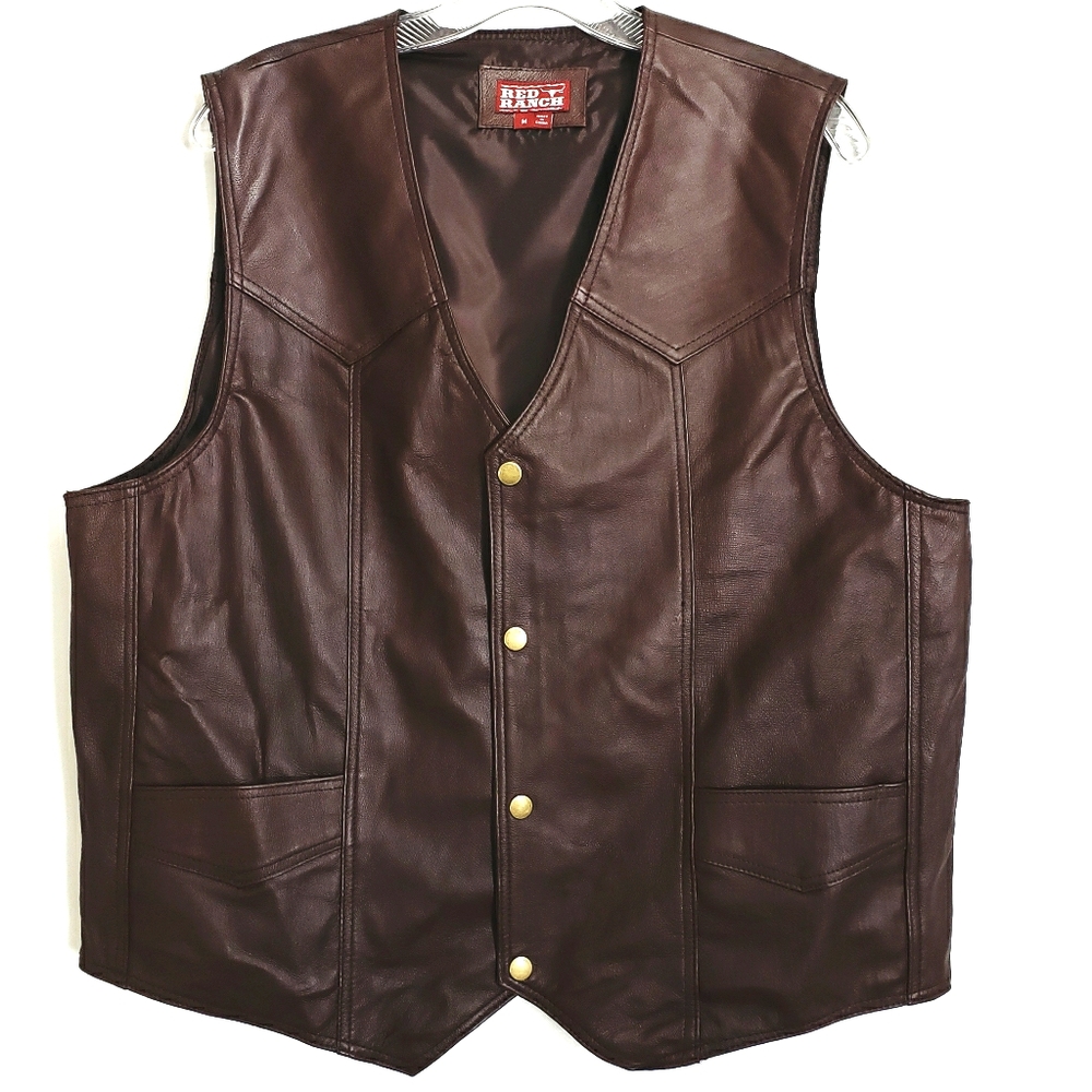 Red Ranch Dark Brown Snap Front V Neck Leather Vest